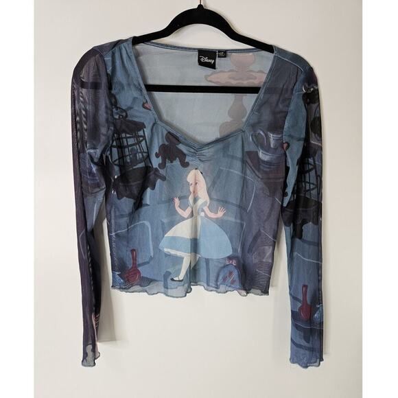 Disney Alice In Wonderland Graphic Print Mesh Top Ruffle Hem Girl’s L Women’s M - Picture 1 of 7